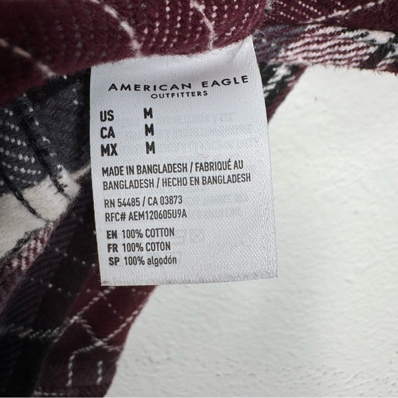 American Eagle Burgundy Plaid Thick Flannel Long Sleeve Button‎ Up Shirt Size M - Picture 6 of 10
